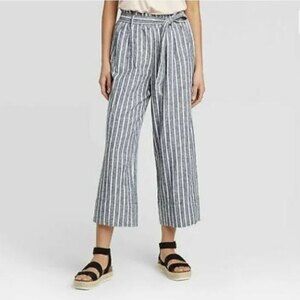 Knox Rose Blue Striped Linen Paper Bag Elastic Waist Cropped Wide Pants Size XS
